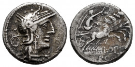 Opeimius. L. Opeimius. Denarius. 131 BC. Rome. (Ffc-949). (Craw-253/1). (Cal-1055). Anv.: Head of Roma right, below chin, wreath behind. Rev.: Victory...