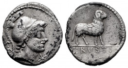 Rustius. L. Rustius. Denarius. 76 BC. Rome. (Ffc-1094). (Craw-389/1). (Cal-1235). Anv.: Head of young Mars right, S.C. behind, X below chin. Rev.: Ram...