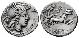 Rutilius. L. Rutilius FlADcus. Denarius. 77 BC. Rome. (Ffc-1095). (Craw-387/1). (Cal-1237). Anv.: Head of Roma right, wearing winged helmet, with viso...