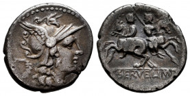 Servilius. C. Serveilius M.f. Augur. Denarius. 136 BC. Central Italy. (Ffc-1116). (Craw-239/1). (Cal-1275). Anv.: Head of Roma right, wreath behind, (...