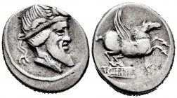 Titius. Q. Titius. Denarius. 90 BC. Central Italy. (Ffc-1142). (Craw-341/1). (Cal-1301). Anv.: Head of Mutinus Titinus right, bound with winged diadem...