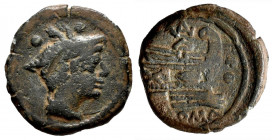Valerius. Sextans. 169-158 a.C. Rome. (Craw-191/5). Anv.: Head of Mercury right; two pellets above. Rev.: Prow right; VAL above, two pellets before, R...
