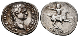 Domitian. Denarius. 77-78 AD. Rome. (Spink-2638). (Ric-242). (Seaby-49). Rev.: COS V. Helmeted horseman right. Ag. 3,01 g. Scratches. Almost VF. Est.....