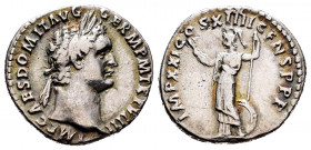 Domitian. Denarius. 90 AD. Rome. (Seaby-256). (Ric-145). Rev.: IMP XXI COS XIIII CENS P P P. Minerva standing left, holding thunderbolt and spear; shi...