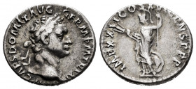 Domitian. Denarius. 90 AD. Rome. (Ric-173). (Seaby-279). Rev.: IMP XXII COS XVI CENS P P P. Minerva standing left, holding thunderbolt and spear; shie...