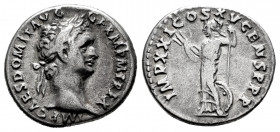 Domitian. Denarius. 90-91 AD. Rome. (Ric-154). (Rsc-264). Anv.: IMP CAES DOMIT AVG GERM P M TR P X. Rev.: IMP XXI COS XV CENS P P P, Minerva standing ...