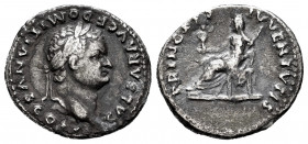 Domitian. Denarius. 97 AD. Rome. (Spink-2641). (Ric-244). (Seaby-378). Rev.: PRINCEPS IVVENTVTIS. Vesta seated facing left, holding Palladium hand and...