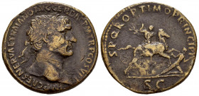 Trajan. Sestertius. 107 AD. Rome. (Spink-3204). (Ric-534). Rev.: S P Q R OPTIMO PRINCIPI / SC. Trajan on horse riding right, spearing fallen Dacian. A...