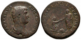 Hadrian. Sestertius. 134-138 AD. Rome. (Ric-II 1866). (Banti-661). Anv.: HADRIANVS AVG COS III P P.Bareheaded and draped bust right. Rev.: RESTITVTORI...