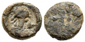 Nummus. Century VI. Toleto (Toledo). (Crusafont-Group D, type 44). Anv.: Bust to the right, in front of the cross and around the border of lines. Rev....