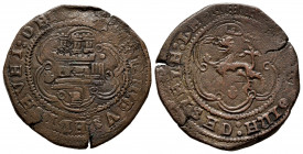 Catholic Kings (1474-1504). 4 maravedis. Burgos. (Cal-117). (Rs-1). Ae. 9,52 g. B below castle. Scallop below the lion. VF. Est...25,00. 

Spanish D...