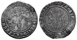 Catholic Kings (1474-1504). 1/2 real. Granada. (Cal-222). Anv.: G and roundels. Rev.: Two groups of three roundels. Ag. 1,52 g. Almost VF. Est...35,00...
