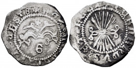 Catholic Kings (1474-1504). 1/2 real. Granada. (Cal-224). Anv.: + REX : ET : REG(INA) : CAST :. Rev.: + FERNANDVS : ET : REGI. Ag. 1,57 g. Choice F/Al...