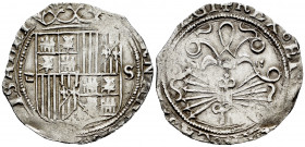 Catholic Kings (1474-1504). 1 real. Sevilla. (Cal-440). Ag. 3,45 g. Shield between D square and S. Clipped. Almost VF/Choice F. Est...35,00. 

Spani...