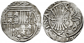 Catholic Kings (1474-1504). 1 real. Sevilla. (Cal-440). Ag. 3,39 g. Shield between D square and S. Clipped. Almost VF. Est...35,00. 

Spanish Descri...