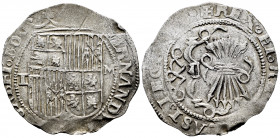 Catholic Kings (1474-1504). 1 real. Toledo. (Cal-468). Anv.: FERNAND ... SABET ◦ DDG. Rev.: + REX ◦ ET ◦ R(EGINA ◦ C)AST ◦ L(EGIO) ◦. Ag. 3,32 g. Shie...
