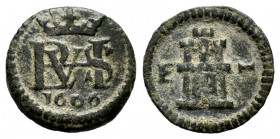 Philip III (1598-1621). 1 maravedi. 1606. Segovia. (Cal-116). (Jarabo-Sanahuja-D276). Ae. 0,98 g. Choice VF. Est...50,00. 

Spanish Description: Fel...