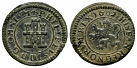 Philip III (1598-1621). 2 maravedis. 1602. Segovia. C. (Cal-183). (Jarabo-Sanahuja-C40). Ae. 3,01 g. Choice VF. Est...25,00. 

Spanish Description: ...