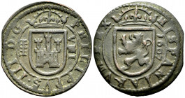 Philip III (1598-1621). 8 maravedis. 1607. Segovia. (Cal-331). Ae. 6,00 g. VF. Est...30,00. 

Spanish Description: Felipe III (1598-1621). 8 maraved...