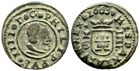 Philip IV (1621-1665). 4 maravedis. 1663. Cuenca. CA. (Cal-212). Ae. 1,12 g. Scarce. Almost XF. Est...40,00. 

Spanish Description: Felipe IV (1621-...