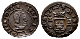 Philip IV (1621-1665). 4 maravedis. 1664. Cuenca. (Cal-213). Ae. 1,01 g. Choice VF. Est...30,00. 

Spanish Description: Felipe IV (1621-1665). 4 mar...