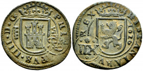 Philip IV (1621-1665). 8 maravedis. 1626. Segovia. (Cal-391). Ae. 6,01 g. Countermark of XII maravedis of Coruña 1642 over 8 maravedis . Choice VF. Es...