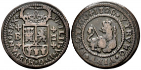 Philip V (1700-1746). 2 maravedis. 1720. Barcelona. (Cal-54). Ae. 4,30 g. VF. Est...25,00. 

Spanish Description: Felipe V (1700-1746). 2 maravedís....