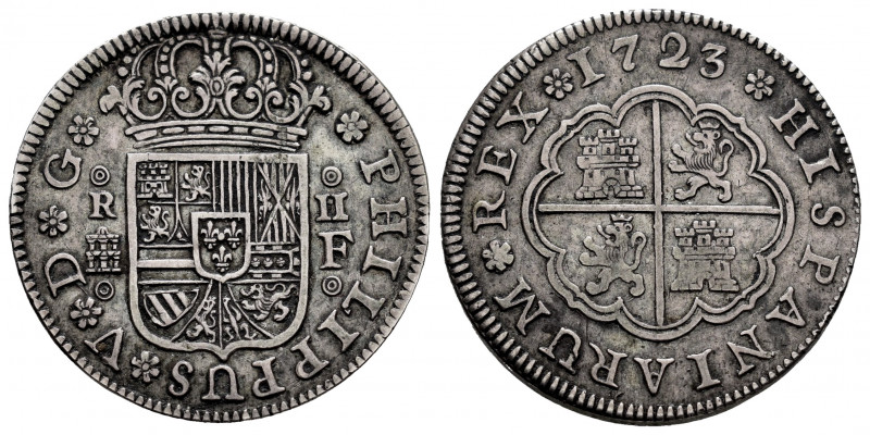 Philip V (1700-1746). 2 reales. 1723. Segovia. F. (Cal-928 var). Ag. 5,58 g. Ver...