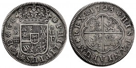 Philip V (1700-1746). 2 reales. 1723. Segovia. F. (Cal-928 var). Ag. 5,58 g. Very rare. VF/Almost VF. Est...120,00. 

Spanish Description: Felipe V ...