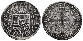 Philip V (1700-1746). 2 reales. 1719. Segovia. J. (Cal-948). Ag. 5,36 g. Legend PHILIPPUS. VF. Est...60,00. 

Spanish Description: Felipe V (1700-17...