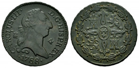 Charles III (1759-1788). 4 maravedis. 1788. Segovia. (Cal-58 var). Ae. 5,22 g. Crosses by fleurs de lis in shield. Choice VF. Est...65,00. 

Spanish...