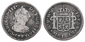 Charles III (1759-1788). 1/2 real. 1773. México. FM. (Cal-193). Ag. 1,57 g. Inverted mintmark and assayers. Choice F. Est...20,00. 

Spanish Descrip...