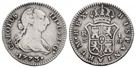 Charles III (1759-1788). 1 real. 1773. Sevilla. CF. (Cal-534). Ag. 2,83 g. F/Choice F. Est...25,00. 

Spanish Description: Carlos III (1759-1788). 1...