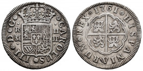 Charles III (1759-1788). 2 reales. 1761. Madrid. JP. (Cal-609). Ag. 5,75 g. VF. Est...25,00. 

Spanish Description: Carlos III (1759-1788). 2 reales...