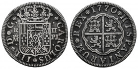 Charles III (1759-1788). 2 reales. 1770. Madrid. PJ. (Cal-619). Ag. 5,72 g. VF. Est...45,00. 

Spanish Description: Carlos III (1759-1788). 2 reales...