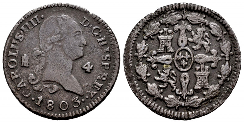 Charles IV (1788-1808). 4 maravedis. 1803. Segovia. (Cal-57). Ae. 4,81 g. Almost...