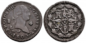 Charles IV (1788-1808). 4 maravedis. 1803. Segovia. (Cal-57). Ae. 4,81 g. Almost VF. Est...30,00. 

Spanish Description: Carlos IV (1788-1808). 4 ma...