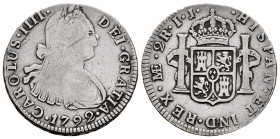 Charles IV (1788-1808). 2 reales. 1799. Lima. IJ. (Cal-582). Ag. 6,08 g. Choice F. Est...30,00. 

Spanish Description: Carlos IV (1788-1808). 2 real...