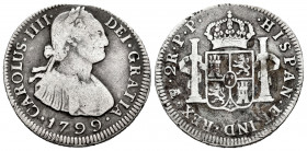 Charles IV (1788-1808). 2 reales. 1799. Potosí. PP. (Cal-666). Ag. 6,48 g. Choice F. Est...25,00. 

Spanish Description: Carlos IV (1788-1808). 2 re...