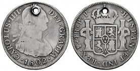 Charles IV (1788-1808). 4 reales. 1802. Potosí. PP. (Cal-837). Ag. 12,85 g. Holed. F. Est...30,00. 

Spanish Description: Carlos IV (1788-1808). 4 r...