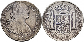 Charles IV (1788-1808). 8 reales. 1805. México. TH. (Cal-983). Ag. 26,60 g. Scratches. Cleaned. Choice F/Almost VF. Est...45,00. 

Spanish Descripti...
