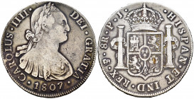 Charles IV (1788-1808). 8 reales. 1807. Potosí. PJ. (Cal-1013). Ag. 26,69 g. Almost VF. Est...50,00. 

Spanish Description: Carlos IV (1788-1808). 8...
