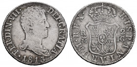 Ferdinand VII (1808-1833). 2 reales. 1813. Madrid. GJ. (Cal-827). Ag. 5,80 g. Choice F/Almost VF. Est...50,00. 

Spanish Description: Fernando VII (...