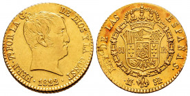 Ferdinand VII (1808-1833). 80 reales. 1822. Madrid. SR. (Cal-1641). Au. 6,82 g. "Cabezon" type. Small planchet flaw on reverse. XF. Est...420,00. 

...