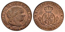 Elizabeth II (1833-1868). 1/2 centimo de escudo. 1868. Sevilla. (Cal-212). Ae. 1,14 g. Original luster. Almost MS. Est...35,00. 

Spanish Descriptio...