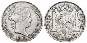 Elizabeth II (1833-1868). 10 reales. 1860. Madrid. (Cal-537). Ag. 12,91 g. Almost VF. Est...35,00. 

Spanish Description: Isabel II (1833-1868). 10 ...