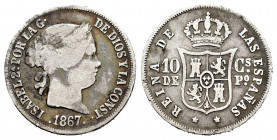 Elizabeth II (1833-1868). 10 centavos. 1867. Manila. (Cal-654). Ag. 2,51 g. F/Choice F. Est...18,00. 

Spanish Description: Isabel II (1833-1868). 1...