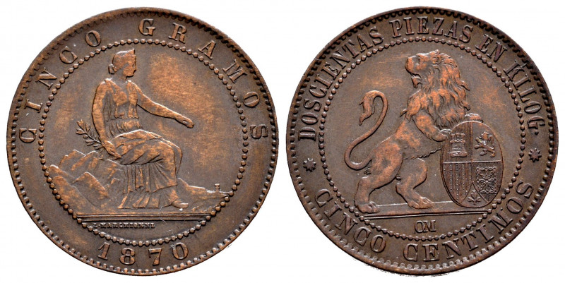 Provisional Government (1868-1871). 5 centimos. 1872. Barcelona. OM. (Cal-5). Ae...