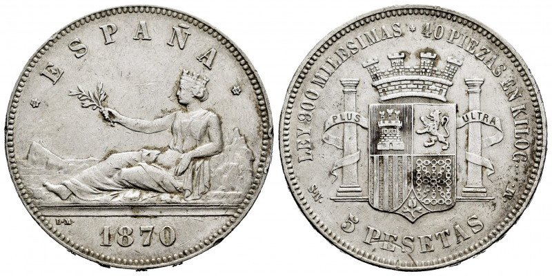 Provisional Government (1868-1871). 5 pesetas. 1872*18-70. Madrid. SNM. (Cal-39)...