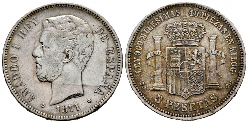 Amadeo I (1871-1873). 5 pesetas. 1871*18-71. Madrid. SDM. (Cal-1). Ag. 24,86 g. ...
